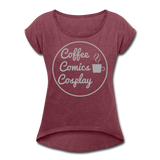 Coffee Comics Cosplay Women's Roll Cuff T-Shirt - heather burgundy